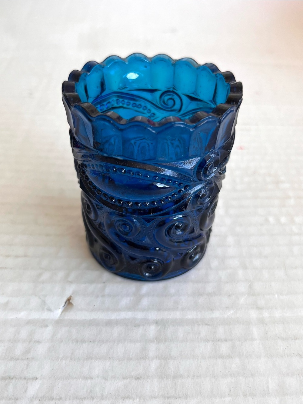 Vintage L.G. Wright Toothpick Holder Cobalt Blue Eye Winker Scroll